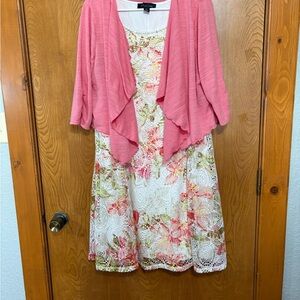 Perceptions Pink Layered Sweater Shrug and Floral Lace Dress Size 14
